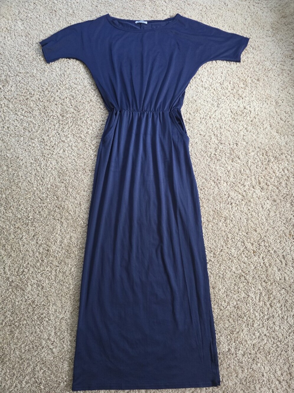 Overmal Navy Blue Elastic Waist Maxi Dress with Pockets & Slit Size M